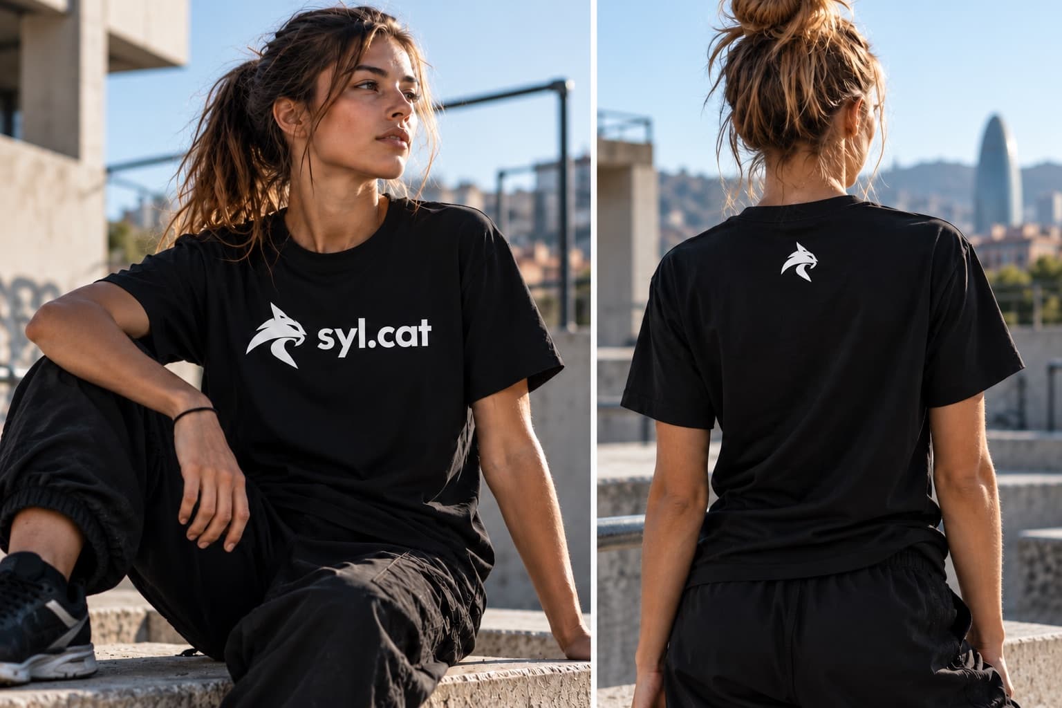 Una traceur en Barcelona con la camiseta negra de Sylcat: el lince y syl.cat delante, el lince en la espalda.